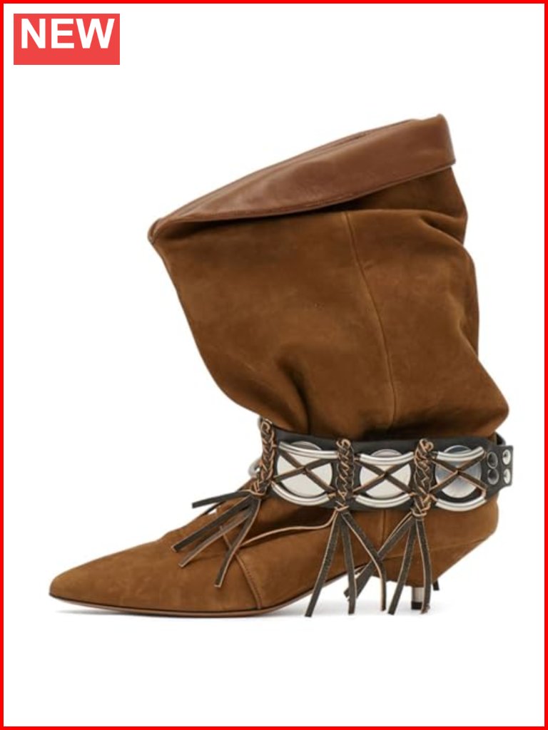 Slouchy Cowgirl Boots With Fringe Ruched Slip-On Mid Calf Kitten Heel Pointy